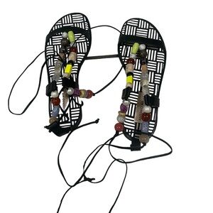 Antonio Melani Sandle Snake Black Leather
Rhinestone Beaded Flat Shoe Size 5.5